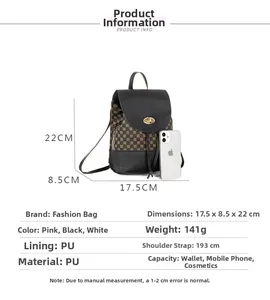 Detailed size comparison of black printed PU mini backpack with phone reference