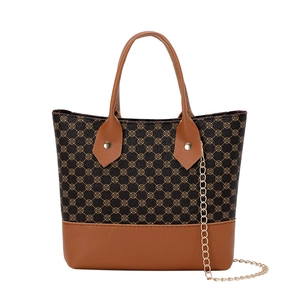 Retro plaid tote bag with brown patchwork, gold floral print, and metallic chain handle