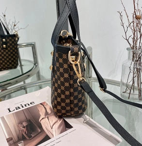 Detail view of printed bucket bag with gold rivets and straps on a glass surface