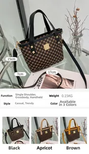 Detailed view of printed bucket bag with rivets showing dimensions 17x15x7cm and features