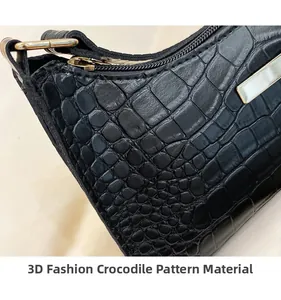 Detail of black crocodile texture fabric with gold zipper and hardware on handbag