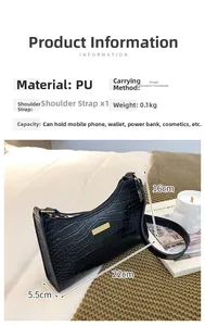 Detail view of black crocodile pattern PU leather shoulder bag showing 22x16x5.5cm size info