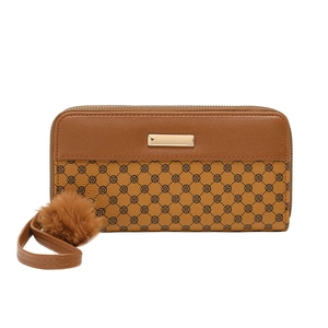 Women's long zipper wallet with vintage geometric print and plush pompom pendant