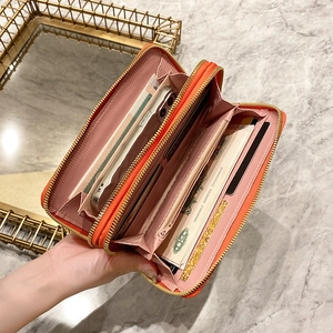 Portefeuille long en cuir PU orange à double fermeture éclair avec fente téléphone