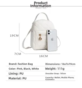 Detailed view of white quilted mini backpack measuring 16x7x19cm next to a smartphone