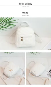 Detail view of a white quilted mini backpack with PU leather texture and zip pockets