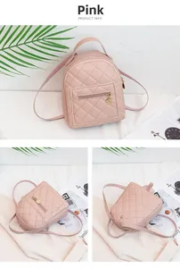 Detail of pink quilted PU leather mini backpack with golden metal zipper and rhombic stitching