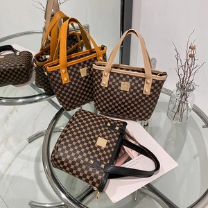 Women Vintage Monogram Printed Bucket Bag Fashion Rivet PU Leather Shoulder Crossbody Bag With Metal Plate Mini Tote Handbag