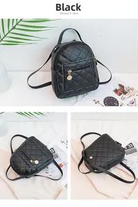 Detail view of black quilted PU leather mini backpack with metal zippers and handle