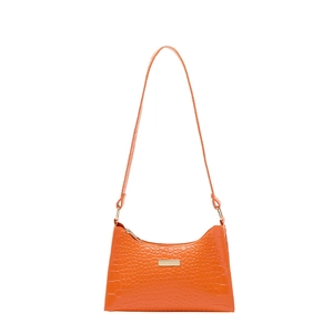 Orange faux crocodile leather underarm bag with gold metal plate and zipper closure
