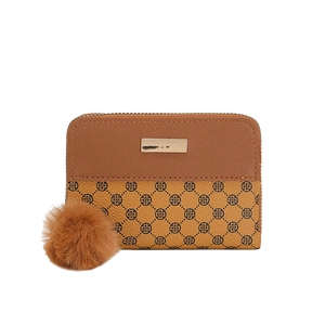 Short zipper wallet featuring color block leather with vintage floral prints and pompom