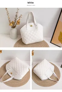 Detailed views of a white quilted tote bag featuring a gold fish-mouth twist lock closure