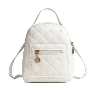 Mini white quilted PU leather backpack for women with classic rhombic stitching and zipper pocket