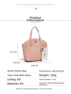 Pink quilted tote bag with gold lock showing dimensions next to a phone for size comparison
