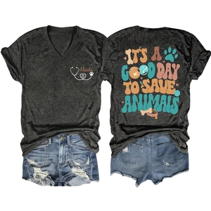 Vue avant et arrière du t-shirt col V gris anthracite avec slogan de sauvetage animal