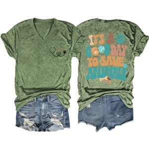 T-shirt col V vert délavé avec It's A Good Day To Save Animals imprimé au dos