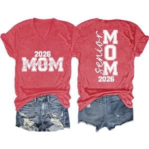 Front and back detail of Senior Mom 2026 red V-neck tee and ripped denim shorts