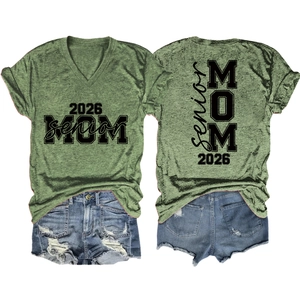 Detail of Senior Mom 2026 green V-neck t-shirt with ripped denim shorts set