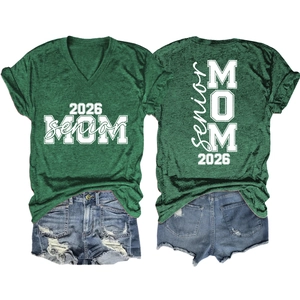 Detailed front and back view of dark green V-neck T-shirt with Senior MOM 2026 print