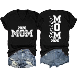 Front and back detail of Senior MOM 2026 black V-neck t-shirt with denim shorts set