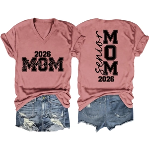 Front and back view of Senior MOM 2026 t-shirt with ripped denim shorts set