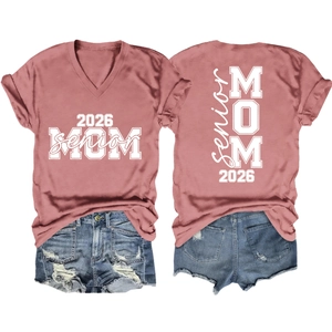Front and back detail of pink 2026 Senior Mom V-neck tee and ripped denim shorts