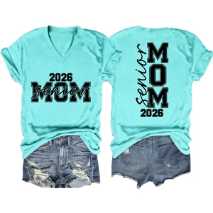 Detailed front and back views of mint green Senior Mom 2026 V-neck casual cotton t-shirt