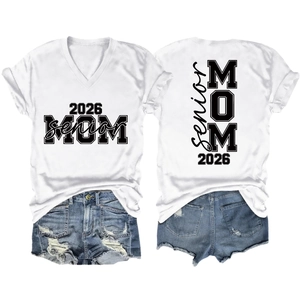 Detail of 2026 Senior MOM white V-neck t-shirt with distressed denim shorts set