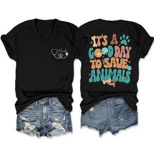 T-Shirt Décontracté à Col en V pour Femme It's A Good Day To Save Animals Imprimé Graphique à Lettres Été Manches Courtes en Mélange de Coton Tee Top Ample