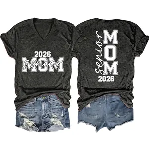 Women V Neck Short Sleeve T-Shirt Cotton Blend Senior Mom 2026 Letter Print Loose Casual Graduation Commemorative Top