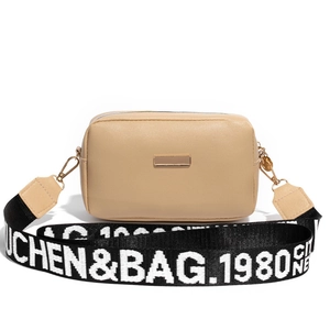 Borsa a tracolla da donna in pelle PU beige con ampia tracolla in tessuto