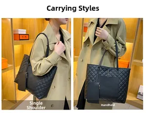 Detailed views of a black quilted tote bag shown in shoulder and handheld carry styles