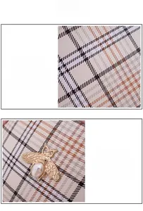 Detail of plaid PU leather bag showing fine texture and golden bee ornament with pearl