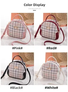 Detailed color display of semi-circle handbags featuring gold bee logo and classic plaid pattern