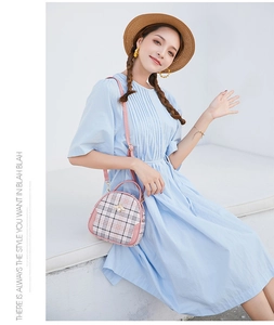 Detail of pink plaid crossbody bag with gold bee emblem on blue dress model