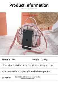 Detailed size specifications of pink plaid crossbody bag showing 19x6x18cm dimensions