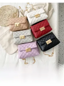 Group display of quilted crossbody bags with gold turn-lock and chain straps in six colors