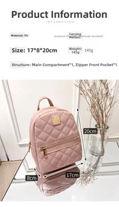 Macro detail of pink quilted PU leather mini backpack with dimensions 17x8x20cm