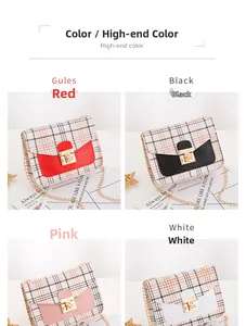 Detailed grid view showing four colors of plaid flap crossbody bags with gold chain straps