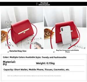 Detailed dimension guide for red PU leather mini crossbody bag with metal buckle
