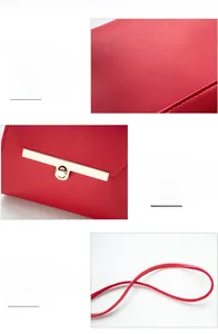 Detailed views of red lychee grain leather, golden twist lock, and slim shoulder strap