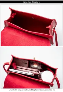 Internal view of a red leather square bag showing capacity for phone and cosmetics