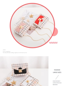 Detail of colorful plaid crossbody bags with gold metal chains and rotating locks
