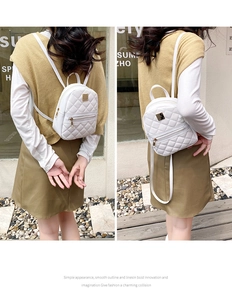 Detailed views of a white quilted mini backpack with golden metal accents and zippers