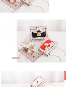 Detailed macro view showing three color options for the plaid chain crossbody bag with locks