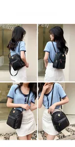 Black quilted mini backpack shown in four versatile carrying styles on a model