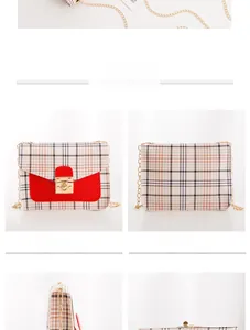 Detailed views of the checkered crossbody bag showcasing metal lock and chain strap details