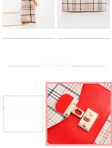 Close-up of red lizard-embossed leather, plaid fabric, and golden rotating lock details