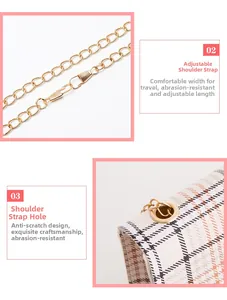 Detail of adjustable gold chain strap and scratch-resistant plaid fabric crossbody bag