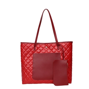 Red quilted leather tote bag set with matching pouch and stylish grid stitching pattern